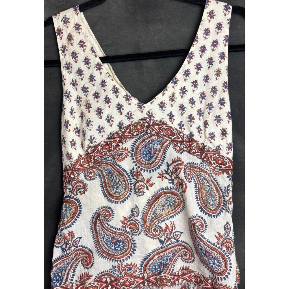 Anokhi Paisley Block Print Cotton Tank Top Size M Cream Red Blue Tassel Boho